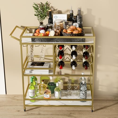 DAWNYIELD 3 Tier Mobile Drinks Trolley Bar Serving Cart on Wheels with Wine Rack and Glass Holder Modern Rolling Drinks Storage Trolley for Home Kitchen Party Bar (Gold)