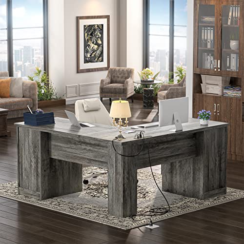 Unikito L Shaped Desk With Drawers, 60 Inch Corner Computer Desks With Usb Charging Port And Power Outlet, Large L-Shaped Office Table, 2 Person Home Office Desk With File Cabinet, Black Oak #TOP6