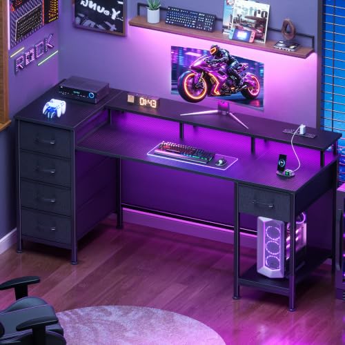 Image of Korfile 55 Inch Gaming Desk with Power Outlets and LED Lights, Reversible Computer Desk with 5 Fabric Storage Drawers, Home Office Desk with Monitor Stand for Working Writing Study, Carbon Fiber Black