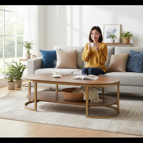 Image of RIZIK Stores Coffee Table - Modern 2-Tier Center Table with Engineered Wooden Top & Metal Frame, Living Room Sofa Table, Elegant Cocktail Table for Home, Office, Dining (Brown Gold)