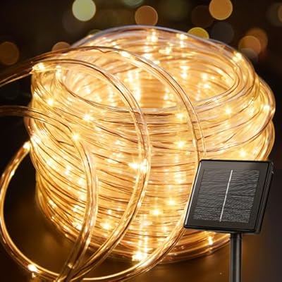Brightown Solar Rope Lights, 39FT 100LED Outdoor Solar String Lights, IP65 Waterproof Solar Powered Fairy Lights with 8 Lighting Modes for Party Garden Yard Home Holiday Tree Decoration, Warm White