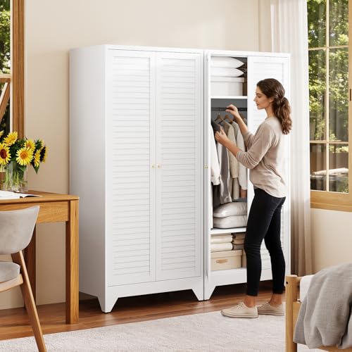 Image of Letaya Armoire Wardrobe Closet,20 inch Deep Metal Wardrobe Cabinet with Doors and Shelves,Hanging Rod Clothing Storage Cabinets for Home Room (White)