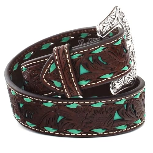 Nocona Boys Floral Tooled Belt with Turquoise Underlay and Buckstitch2