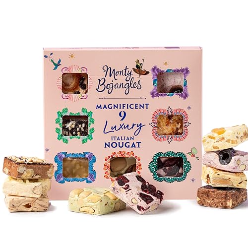 Monty Bojangles Magnificent 9 Luxury Italian Nougat Gift Box Nine Flavours of Soft Nougat Bar Bites Sweet Treat Selection Box Birthday Thank You Christmas Gift Sets 9 pieces 135 g