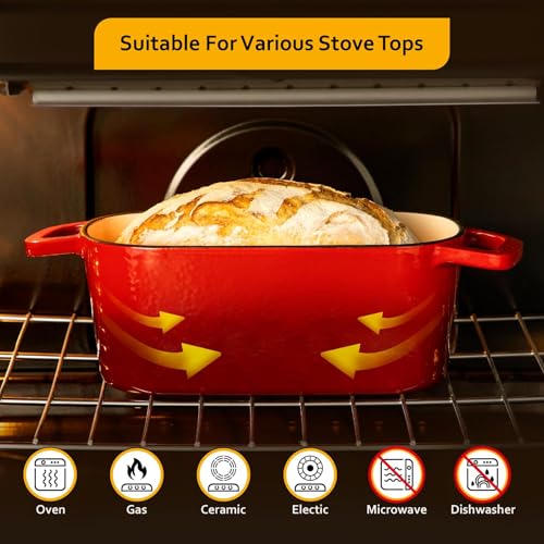 Image of Velaze 3.6QT Dutch Oven for Bread Baking,Oval Cast Iron Enameled Bread Oven Pan with Lid and Offset Handles,Oven Safe to 500F for Homemade Sourdough Bread(Red)