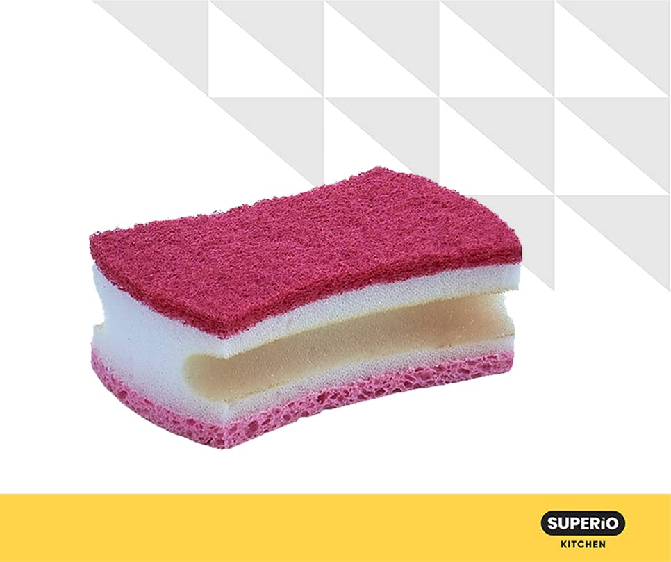 Image of Non-Scratch Scrub Sponge with A Comfortable Grip, Heavy Duty Duel Sided Kitchen Scrubber Sponge Cellulose Scrub Sponge, Scratch Free, with Scouring Pad Set, Pack of 2, Blue-Red /Pink, by Superio