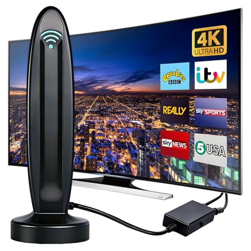 DVB-T2 Antenne mit Verstärker für Innen - Zimmerantenne für Fernseher, DVB-T/T2, TV Antenne 4K UHD Full HD, 360° Empfang bis 500 km, kostenlose Sender