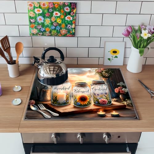 Image of Flower Stove Top Cover for Electric Stove, Flowers Vase Bottle Stove Top Cover, Thankful Blessed Grateful Range Covers, Spring Summer Rustic Floral Cooktop Cover for Kitchen Home Decor, 28x20 inch