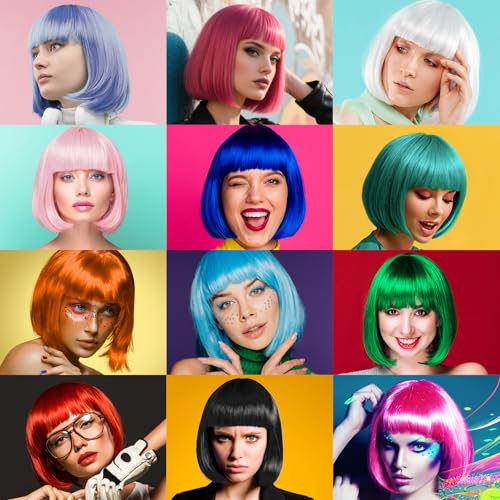 Image of MEEZY Royal Blue Short Bob Wigs Straight Hair with Flat Bangs Heart Sunglasses for Women, Colorful Funny Cosplay Party Neon Wig Synthetic Natural As Real Carnival Halloween Costume Party Favors