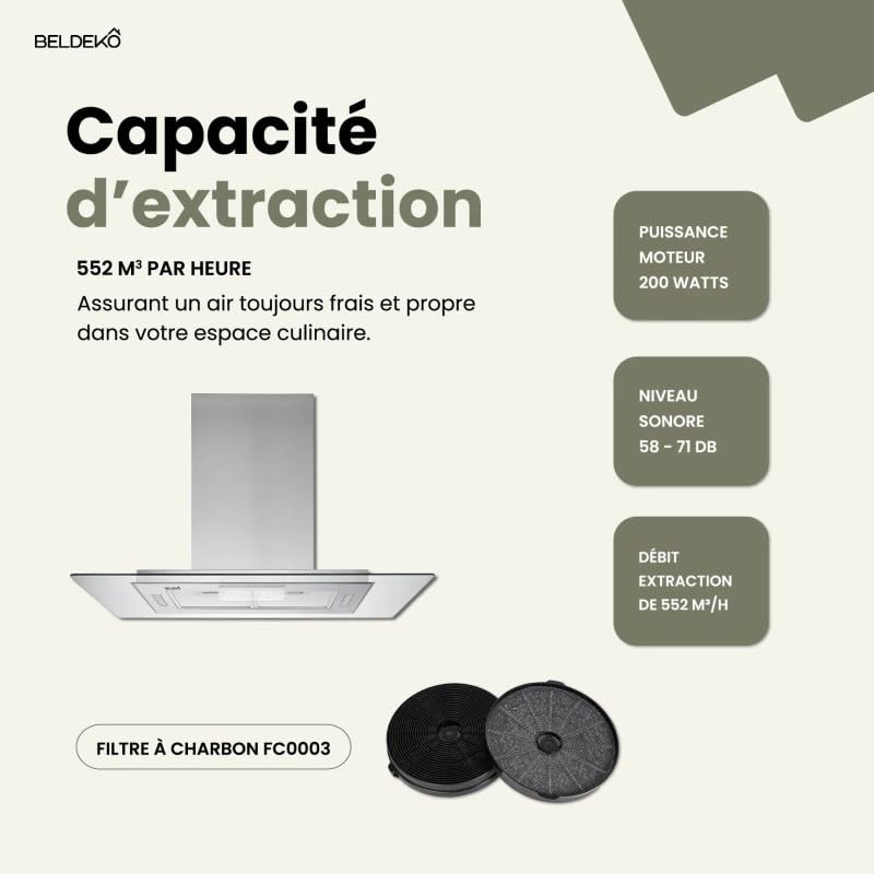 BELDEKO Hotte Îlot 90 cm Inox 556 m3/h 3 Vitesses - Marque Française