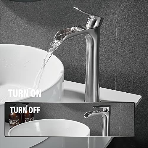 Vessel Sink Faucet,Yundoom Brushed Nickel Bathroom Faucet,Single Hole Bathroom Sink Faucet,Tall Bathroom Faucet Single Handle,Bathroom Bowl Sink Faucet,Modern Waterfall Bathroom Faucet With Drain #TOP1