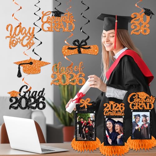Image of Graduation Decorations 2026 - Orange Congrats Grad Party Supplies Include Glitter We are So Proud of You Banner, Hanging Swirls and Honeycomb Centerpieces for Photo Toppers