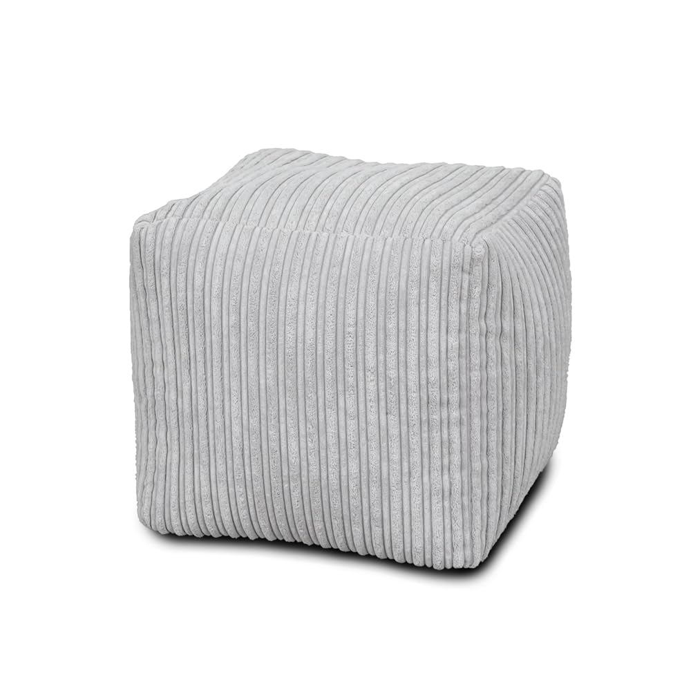 Bags of Beans Luxurious Jumbo Corduroy Cube Pouffe Bean Bag - Pre filled, Portable Footstool - Living Room, Bedroom Furniture - Comfortable, Ergonomic Footstool (Platinum)