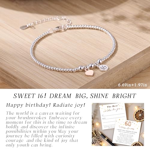 KENIY 16th Birthday Gifts for Girls, Silver Heart Bracelets for Women with Cards, 925 Sterling Silver Bracelets Adjustable, Sweet 16th Birthday Gifts for Daughter Sister Granddaughter Friends - Image 2