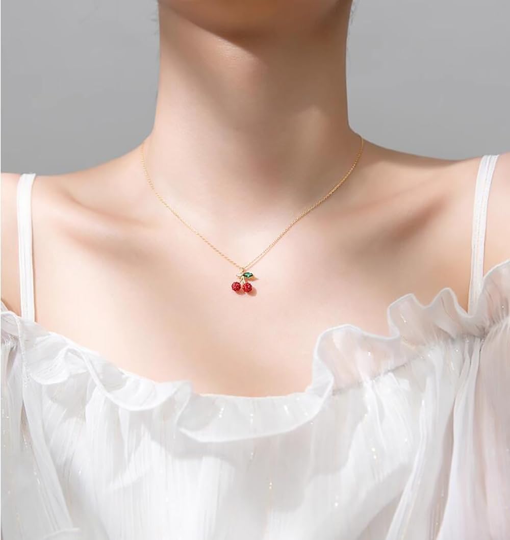 Cute Red Cherry Pendant Necklace for Women Girls 925 Sterling Silver Cubic Zirconia Paved Crystal Fruit Green Leaf Adjustable Chain Choker Necklaces Exquisite Jewelry Gifts for Her with Gift Box - Image 3