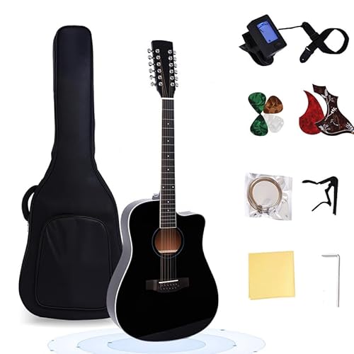 PTESAN 41" Acoustic Guitar for Beginner- Full Size Thin Cutaway Guitarra, Lightweight Body Suitable for Adult Teen,Red Bundle Set with Gig Bag, Tuner, Strap, Strings, Picks,Capo (Black-12string)