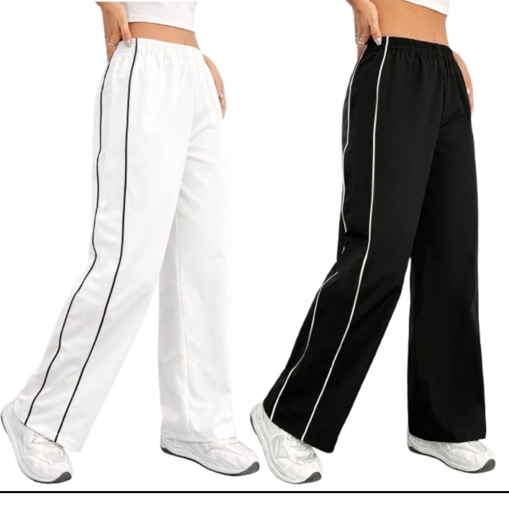 Women’s Loose Fit Palazzo Track Pants Combo | Stylish Wide Leg Lounge Bottoms with Side Stripe | Perfect for Gym, Yoga, Running and Relaxing-image-1