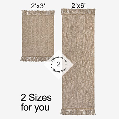 Collive Area Rug 2 Piece Set, 2'X6' +2'X3' Tan/Cream Washable Kitchen Rugs Set Soft Cotton Bathroom Sink Runner Rugs Reversible Hand Woven Carpet For Hallway Entryway Bedroom Farmhouse Decor #TOP5