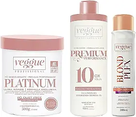 Kit Pó descolorante Azul Premium, Água Oxigenada 10 Volumes e Blond Plex, Veggue Profissional