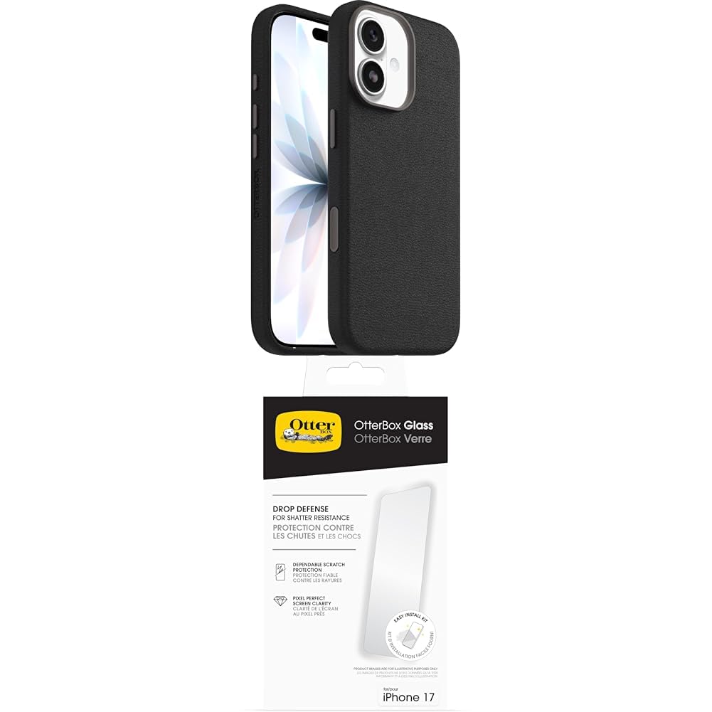 OtterBox Symmetry Series Cactus Leather MagSafe funda para iPhone 17, Testada 3x con estándares Militares anticaídas, Negro + OtterBox Glass Protector de Pantalla de Cristal Templado