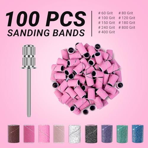 Image of MelodySusie 100 Pcs Nail Drill Bits Sanding Bands for Nail Drill 120 Medium Grit Nail File Sanding Bands for Acrylic Nails Gel Manicures and Pedicure,Light Pink