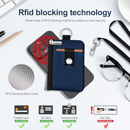 Image of Minimalist RFID Blocking Small Wallet with ID Window,WaterResistant Zip Id Case Wallet with Lanyard Keychain for Cards,Cash,Travel,Women,Men (Dark blue)