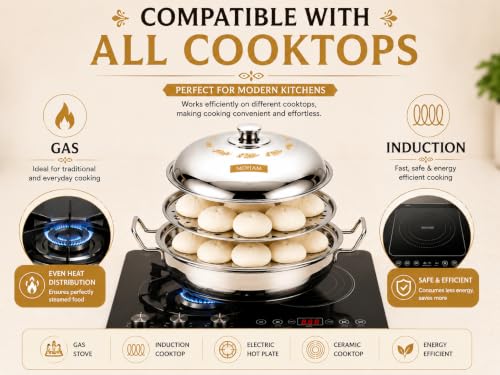 Image of MOHAM Stainless Steel Idli Maker, Dhokla & Momo Steamer Pot with 2 Idli Plates (14 Idlis), 2 Khaman /Dhokla Plates, 1 Patra Plate | Multipurpose Steam Cooker with Lid | Heavy Gauge Food Grade Steel | Mirror Finish | Gas & Induction Compatible
