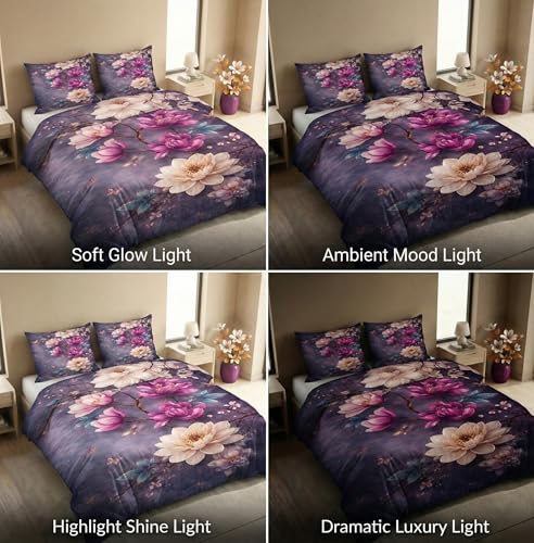 Image of SANMARINO 300 TC Cloud Cotton Pixel 7D King Size Bedsheet with 2 Pillow Cover | Premium 7D Floral Printed Bedding Set | Ultra Soft & Breathable | 108x108 Inch | Royal Orchid Floral Symphony