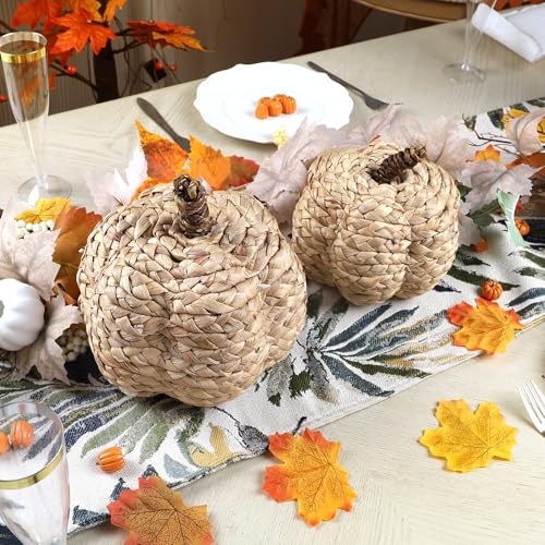 Image of winemana 2 Pack Pumpkin Fall Decor, Woven Wicker Pumpkins for Home, Beige | Cattail Material, Farmhouse Style, Autumn Thanksgiving Decorations, Fall Centerpieces for Table Porch Mantel Indoor