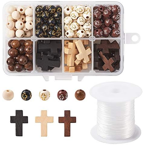 KISSITTY Rosary Making Kit Cross Rosary Beads 8mm Easter Round Wood Beads Acrylic Cross Spacers Beads & Cross Pendant Beads with 1 Roll Crystal Elastic Wire for DIY Jewelry Making About 211pcs/box Cover