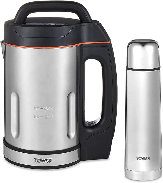Tower T12055 Soup & Smoothie Maker with Intelligent Control System and Stainless Steel Jug and Blade, Includes 500ml Flask, 1000W, 1.6 Litre, Stainless Steel