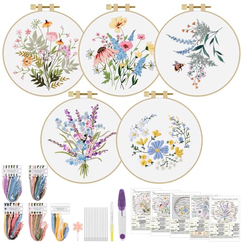 ERKOON Embroidery Kit for Beginners, 5 Sets Flower Cross Stitch Set for Adults Include Embroidery Cloth Hoops Threads for Craft Lover Hand Stitch with Skill Techniques (Flower)