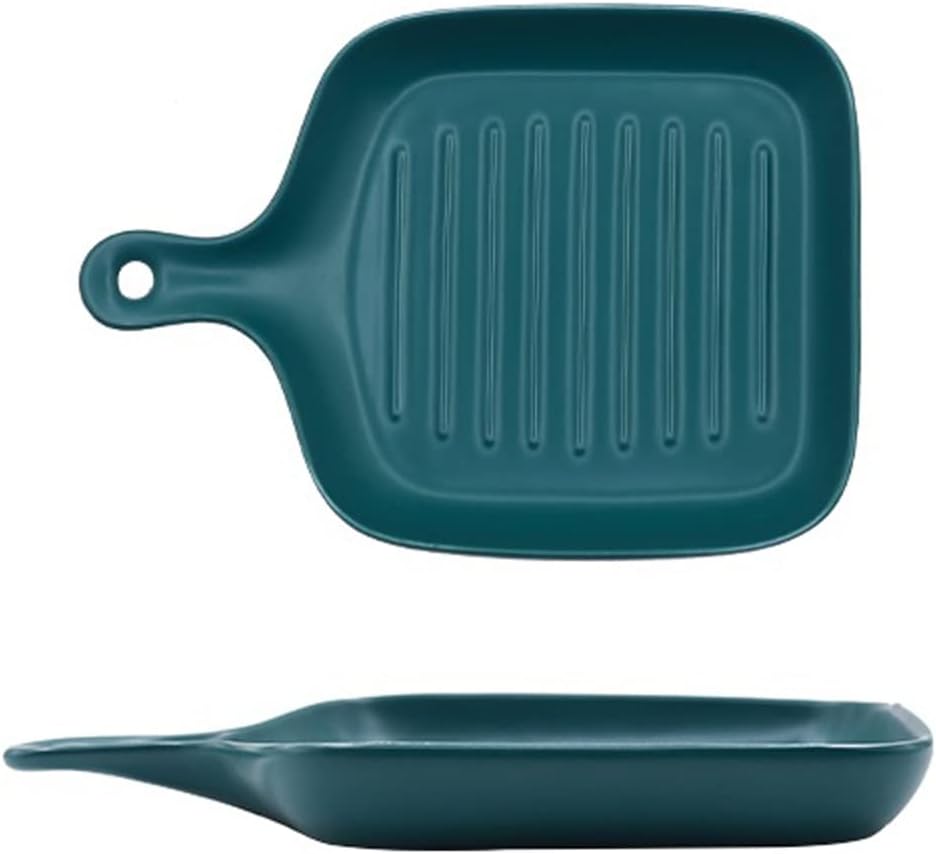 Baking Dish 2 pcs Ceramic Baking Tray Square Cheese Baked Rice Plate Baking Dish with Handle Microwave Western Food Steak Tray Oven Hangable Bakeware (Color : White) (Green)