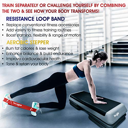 Yes4All Combo Aerobic Step Platform and Resistance Bands with Carry Bag (Set of 5) – Adjustable Exercise Step Platform 4, 6 and 8 inch Using risers, F. Black Platform + Resistance Loop Bands, X-Large