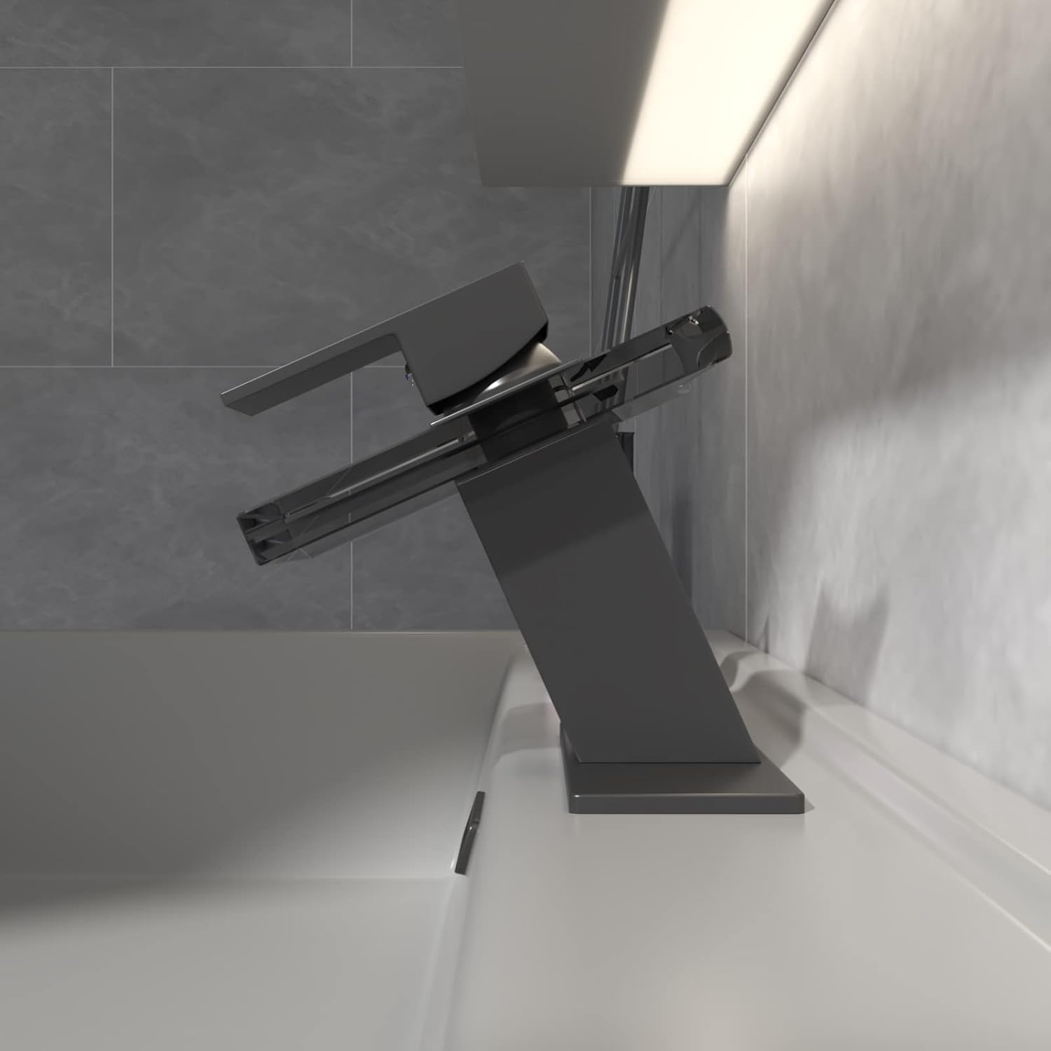 Matte Black Glass Waterfall Bathroom Faucet with Brass Handle