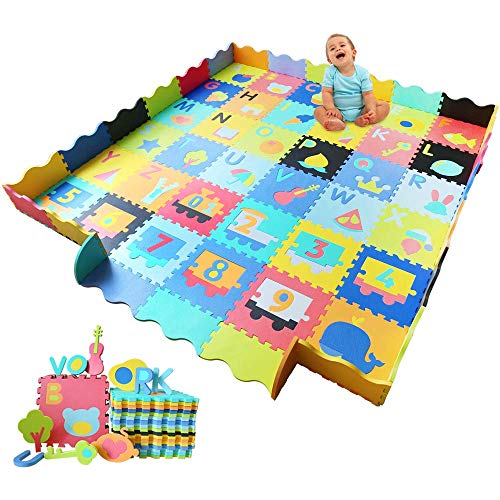Baby Foam Play Mat with Fence - Interlocking Alphabet Crawling Mat with 36
