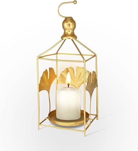 Soporte decorativo para velas de pilar dorado, farol de vela Ginkgo Biloba con asa para decoración del hogar (ginkgo cuadrilátero)