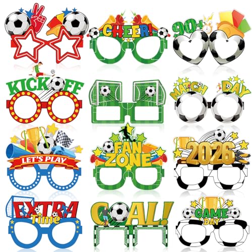 12 Pcs Soccer Party Glasses Paper Eyeglasses with Soccer Sports Theme