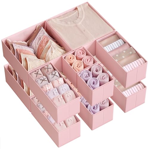 Image of SONGMICS Drawer Organizer, Dresser Drawer Organizers, Set of 12, Foldable Fabric Storage Bins for Socks, Underwear, Bras, Ties, Scarves, Jelly Pink URDZ006R01
