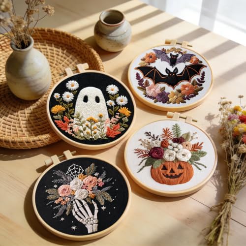 Image of Santune Halloween Embroidery kit,Fall Needlepoint Cross Stitch Kits for Beginners Adult,Needle Point Sets,4 Embroidery,2 Hoops,Halloween Ornaments