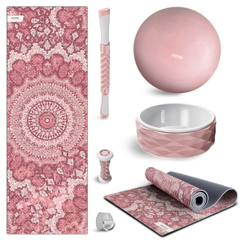 FITFIU Fitness KITWELL-600 Pack de 6 accesorios Yoga Pilates Color Rosa con Esterilla, Pelota, Rueda, Correa y 2 Masajeadores Incluye Guía de Ejercicios Wellness