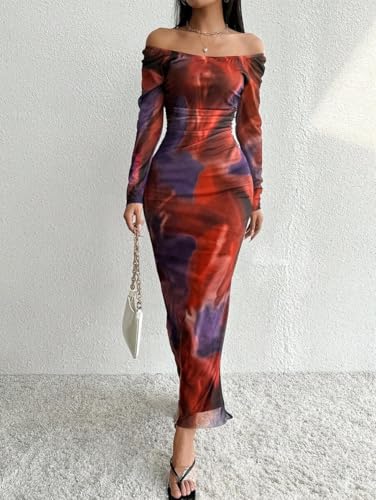 Image of LIGHT DOT Women's Printed Off Shoulder Maxi Dress Long Sleeve Bodycon Ruched Mesh Cocktail Dress