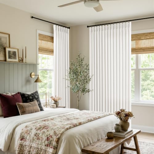 BILEEHOME Extra Wide Curtain Pinch Pleated Linen Drapes 72Wx90L Beige White