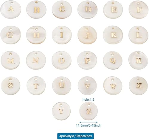 Miniatura 3 de Beadthoven - 104 dijes de letras del alfabeto de perlas de agua dulce naturales, redondos, dorados, redondos, del alfabeto A-Z, para bricolaje,