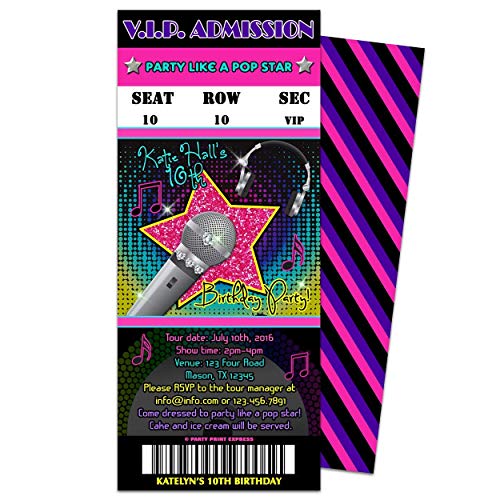 Girl Pop Star Birthday Invitations Admission Ticket Karaoke Neon Pink Hip Hop