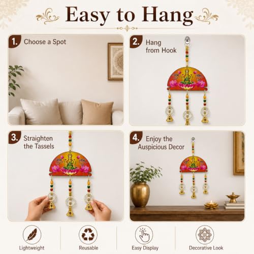 Image of Religious Door Hanging Decor with Pearl Beads & Tassel, Wooden Wall Hanging for Home Temple, Pooja Room, Entrance, Mandir Decoration & Spiritual Gift, Goddess Lakshmi Shubh Labh