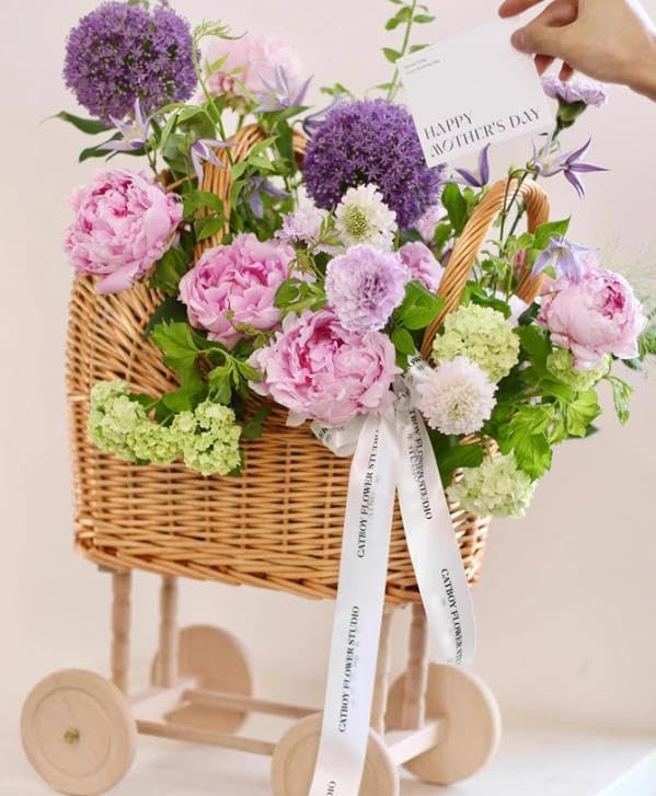 woven rattan stroller shaped flower basket,with handle cute rustic decoration,for weddings party multifunctional flower arrangement candy display arrangements (s)