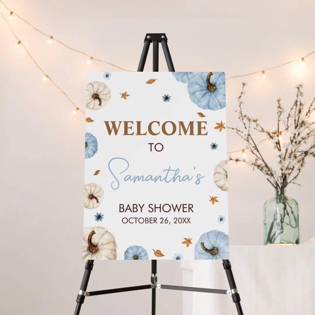 Blue Pumpkin Baby Shower Welcome Sign Fall Poster/Canvas Autumn Welcome Baby Shower Sign Pumpkin Baby Shower Decorations Custom Welcome Sign For Baby Girls Baby Boys 1