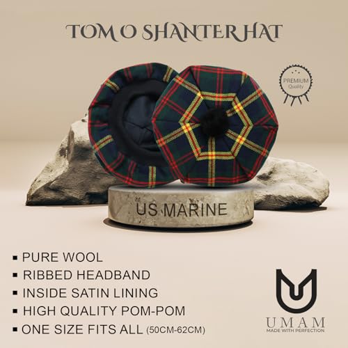 Image of Scottish Tam O' Shanter Hat Tartan Bonnet Pom Pom Wool Flat Cap One Size