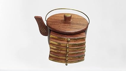 G.V.L ENTERPRISES Premium Sheesham Wood Brass Wooden Kettle Shape Embedded Design Coasters for Tea Cups Coffee Mugs Beer Cans Bar Tumblers and Water Glasses (4 x 4 x 5 inch)